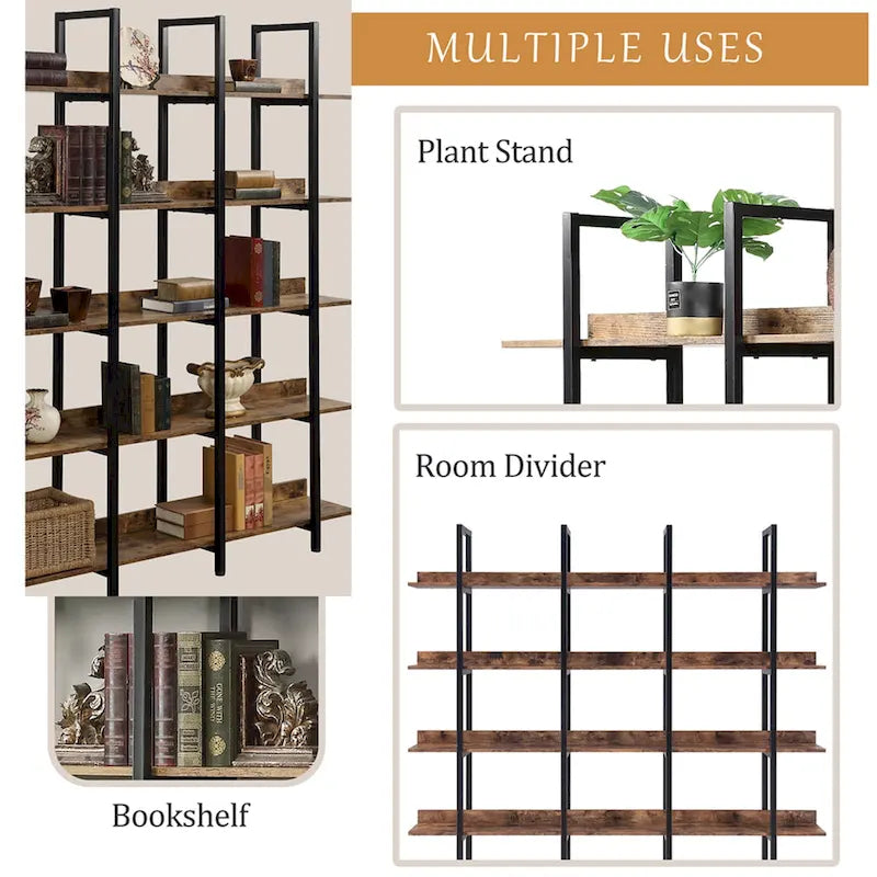 5-Tier Industrial Open Bookshelf MDF Board Steel Frame Multi-Color