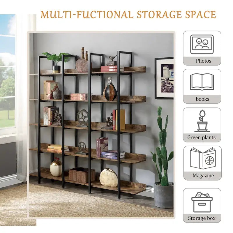 5-Tier Industrial Open Bookshelf MDF Board Steel Frame Multi-Color