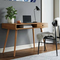 Scrivania mid-century per ufficio domestico con piano in MDF, gambe in legno di hevea, vano aperto e cassetto, noce