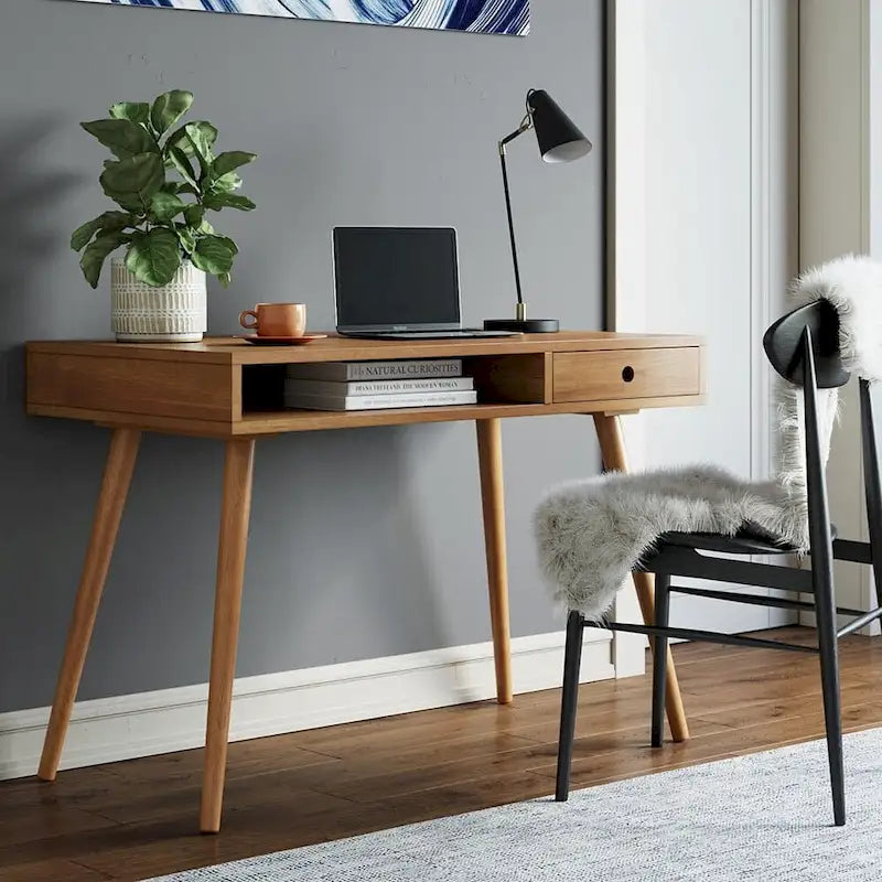 Mid-Century Home Office Desk MDF Top Rubberwood Legs Open Cubby Drawer Walnut