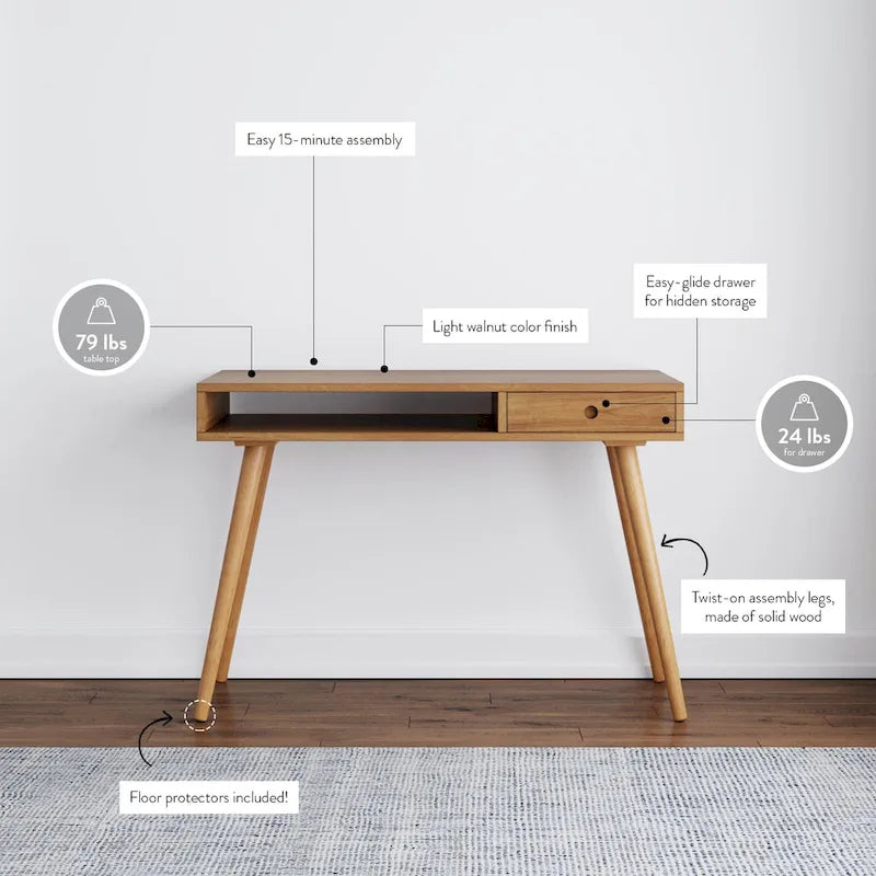 Scrivania mid-century per ufficio domestico con piano in MDF, gambe in legno di hevea, vano aperto e cassetto, noce