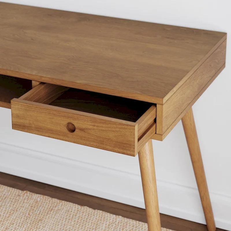 Scrivania mid-century per ufficio domestico con piano in MDF, gambe in legno di hevea, vano aperto e cassetto, noce