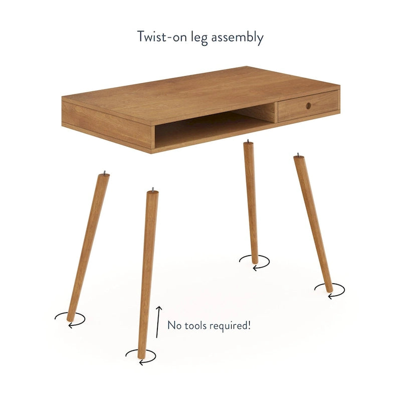 Scrivania mid-century per ufficio domestico con piano in MDF, gambe in legno di hevea, vano aperto e cassetto, noce