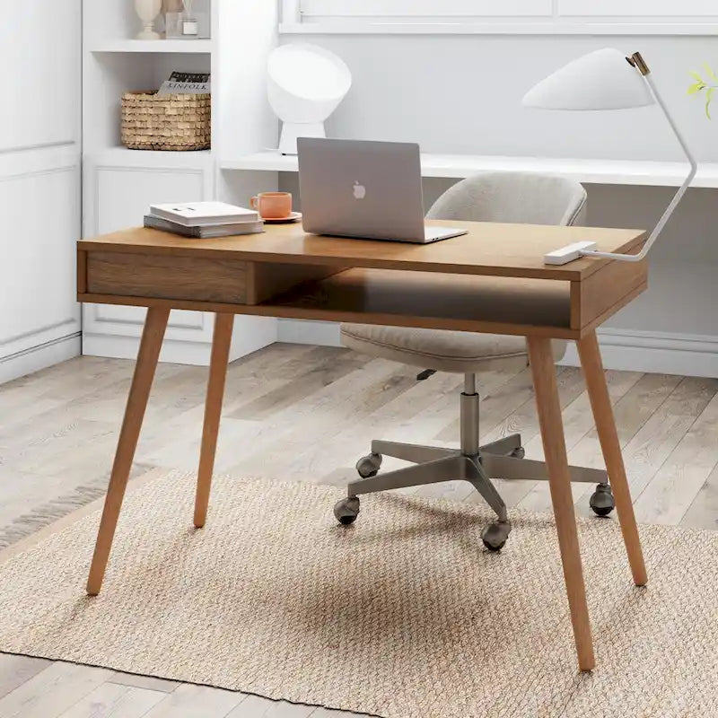 Scrivania mid-century per ufficio domestico con piano in MDF, gambe in legno di hevea, vano aperto e cassetto, noce