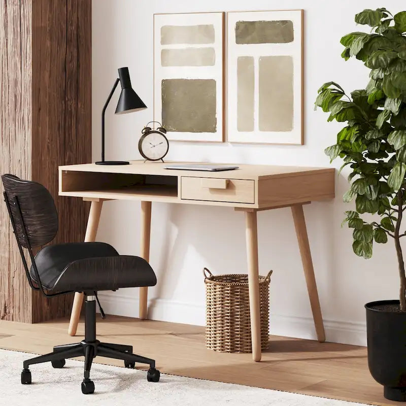 Scrivania mid-century per ufficio domestico con piano in MDF, gambe in legno di hevea, vano aperto e cassetto, noce