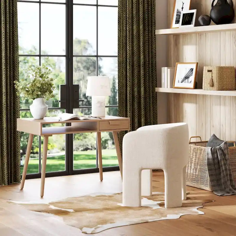 Scrivania mid-century per ufficio domestico con piano in MDF, gambe in legno di hevea, vano aperto e cassetto, noce