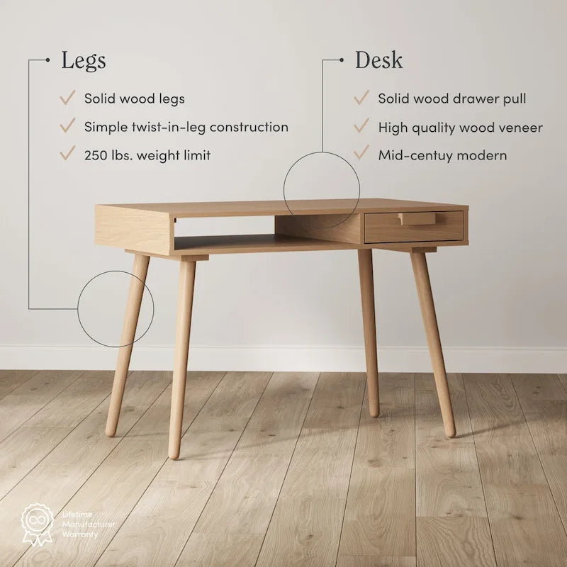 Scrivania mid-century per ufficio domestico con piano in MDF, gambe in legno di hevea, vano aperto e cassetto, noce