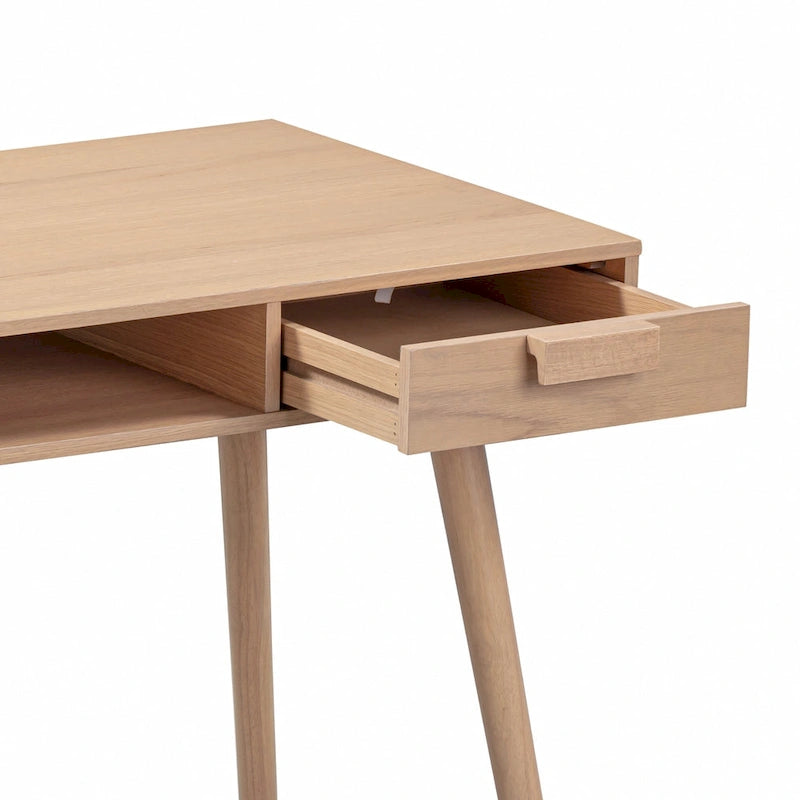 Scrivania mid-century per ufficio domestico con piano in MDF, gambe in legno di hevea, vano aperto e cassetto, noce