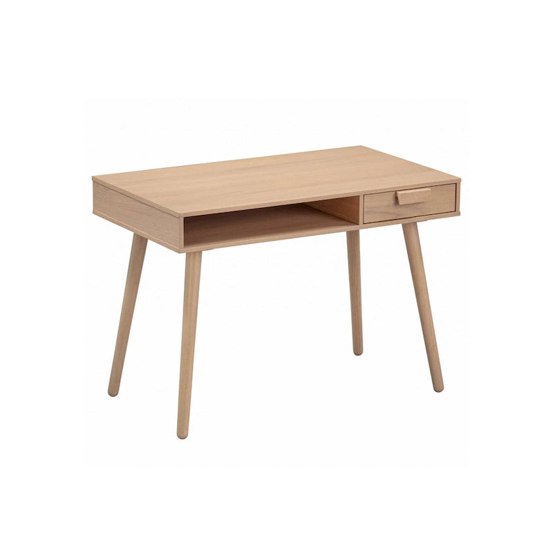 Scrivania mid-century per ufficio domestico con piano in MDF, gambe in legno di hevea, vano aperto e cassetto, noce
