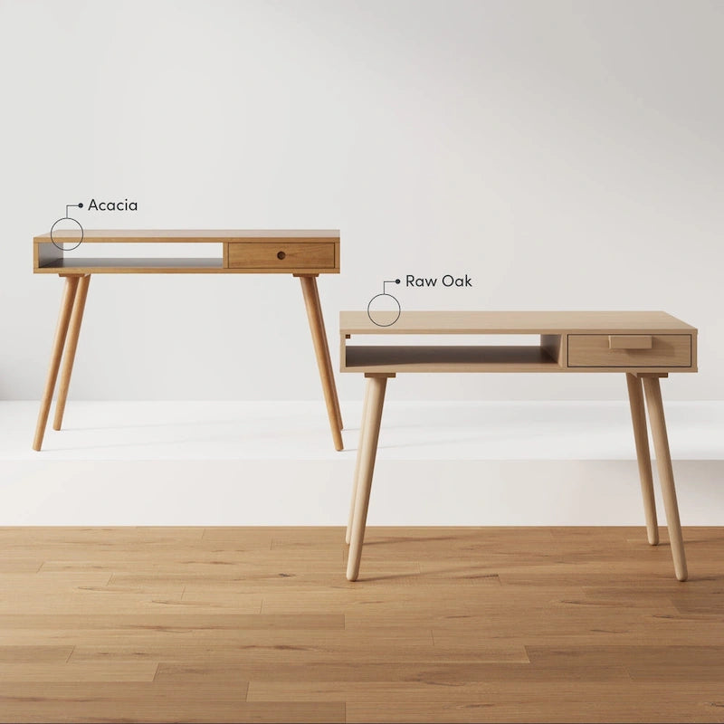 Scrivania mid-century per ufficio domestico con piano in MDF, gambe in legno di hevea, vano aperto e cassetto, noce