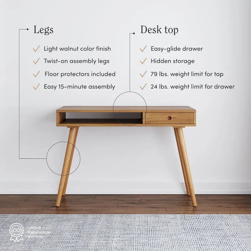 Scrivania mid-century per ufficio domestico con piano in MDF, gambe in legno di hevea, vano aperto e cassetto, noce