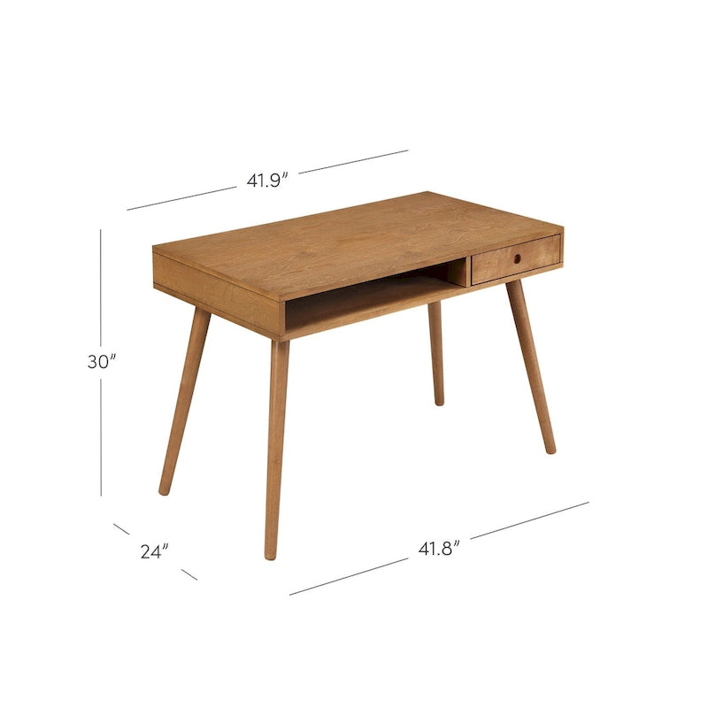 Scrivania mid-century per ufficio domestico con piano in MDF, gambe in legno di hevea, vano aperto e cassetto, noce