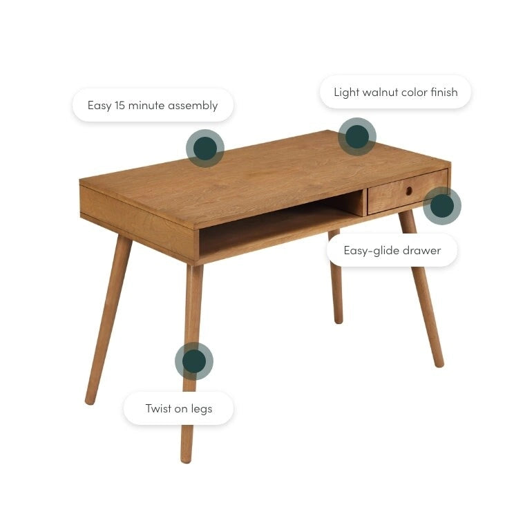 Scrivania mid-century per ufficio domestico con piano in MDF, gambe in legno di hevea, vano aperto e cassetto, noce