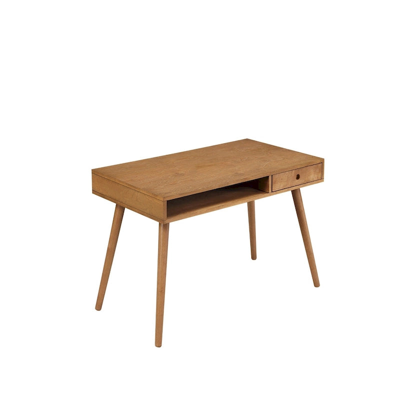Scrivania mid-century per ufficio domestico con piano in MDF, gambe in legno di hevea, vano aperto e cassetto, noce
