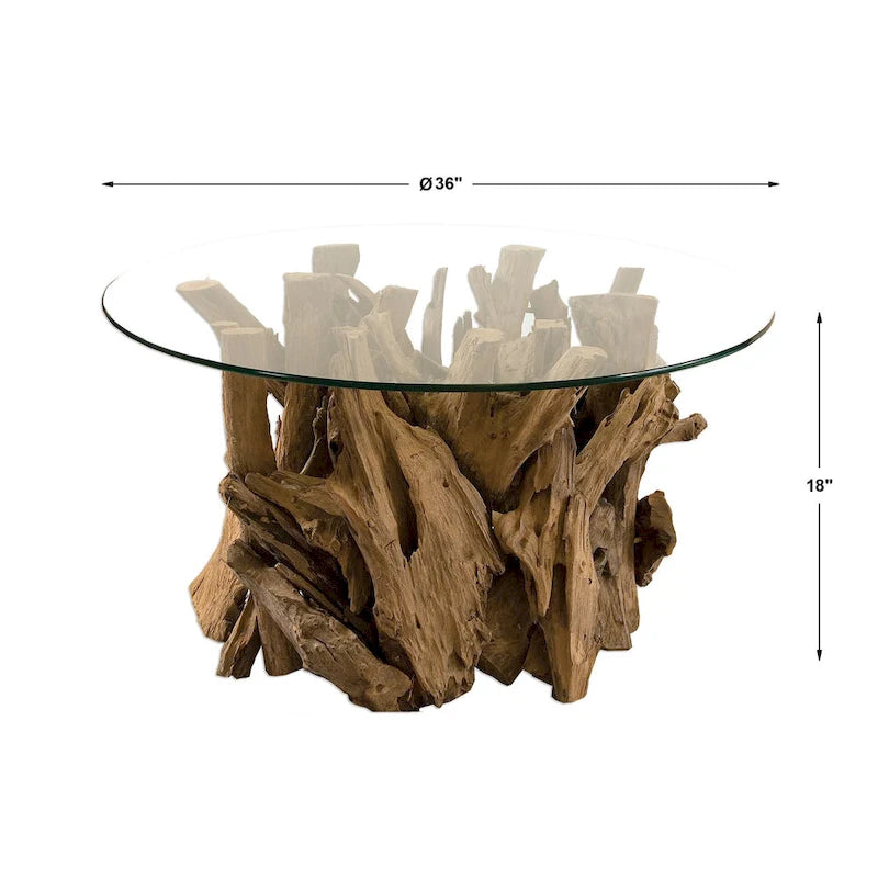 Teak Driftwood Glass Top Cocktail Table Natural Finish Square