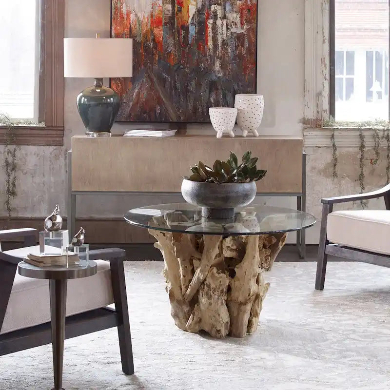 Teak Driftwood Glass Top Cocktail Table Natural Finish Square
