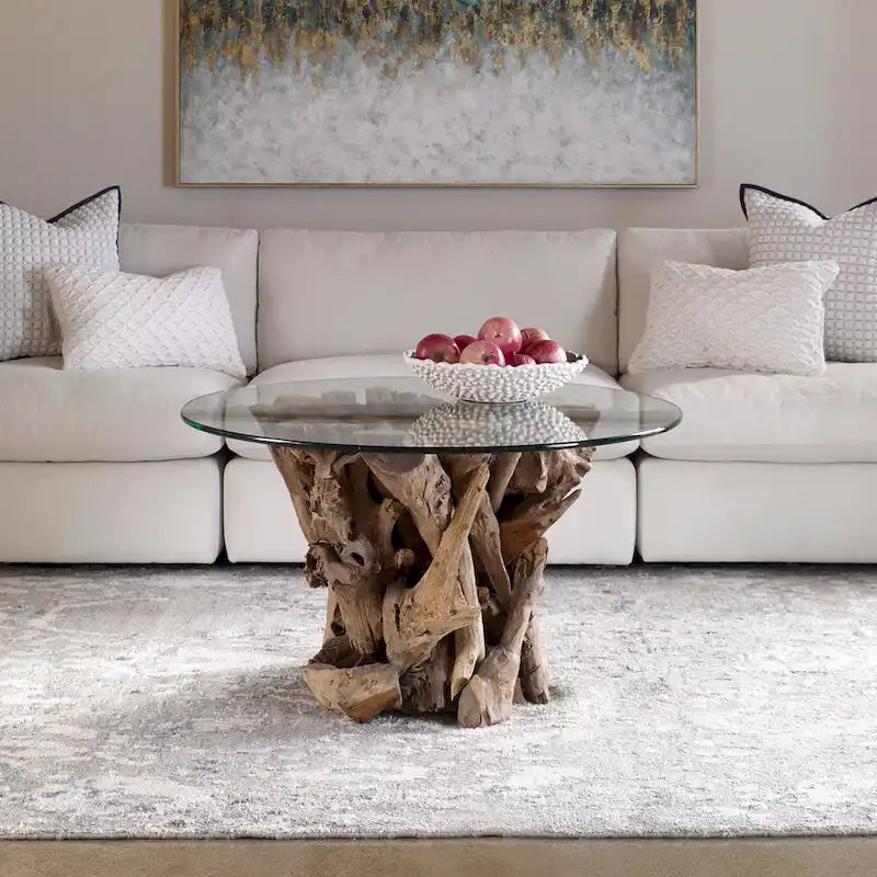 Teak Driftwood Glass Top Cocktail Table Natural Finish Square