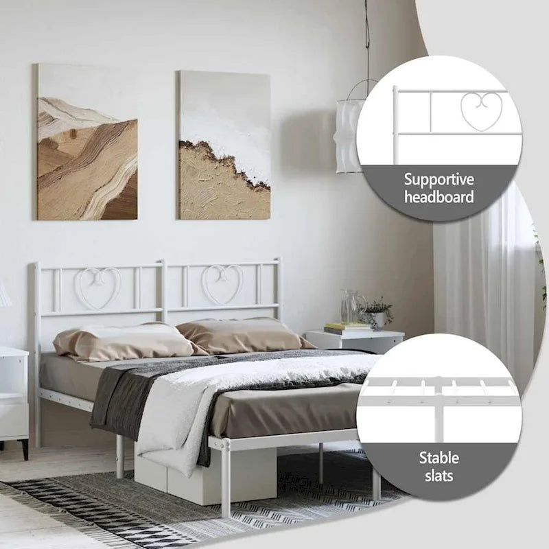 vidaXL Full Metal Bed Frame with Headboard, White, No Mattress - 77.2 x 55.9 x 35.4