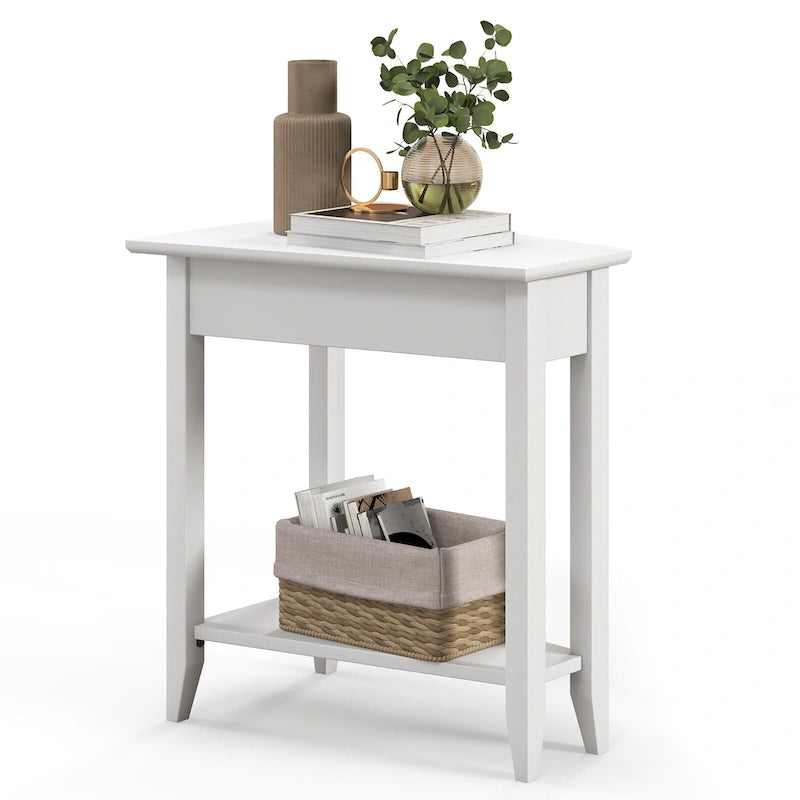 2-Tier End Table Irregular Shape MDF Rubberwood Legs Non-Slip Feet White