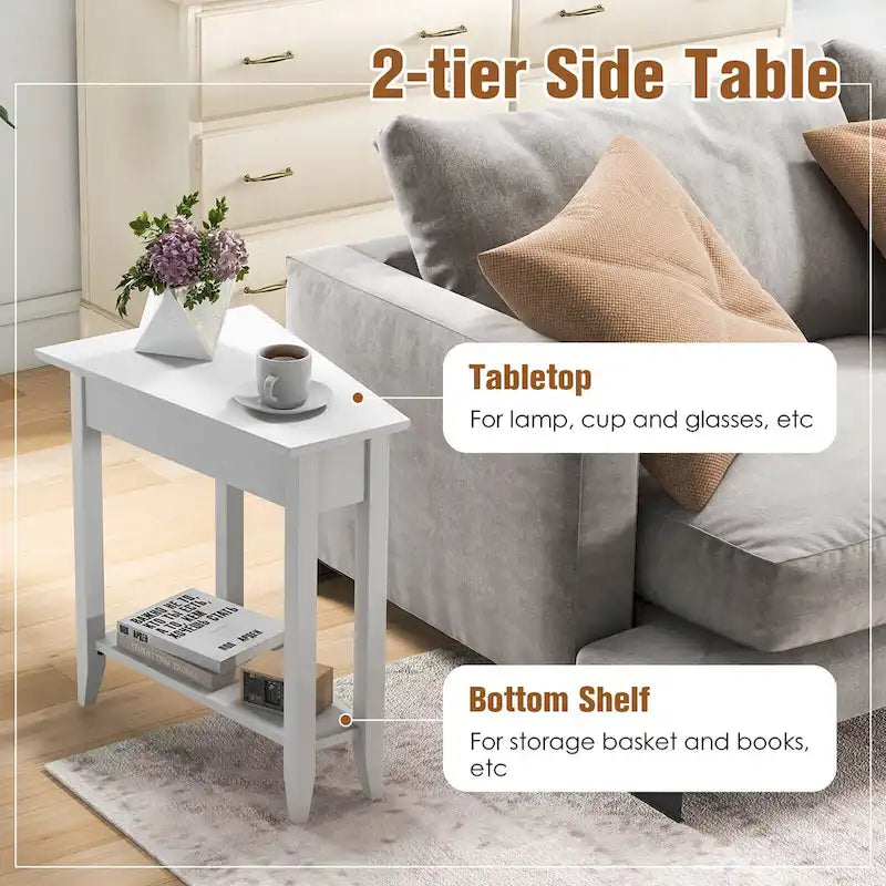 Beistelltisch mit 2 Ebenen, unregelmäßiger Form, MDF-Platte, Kautschukholzbeinen und rutschfesten Füßen, Weiß