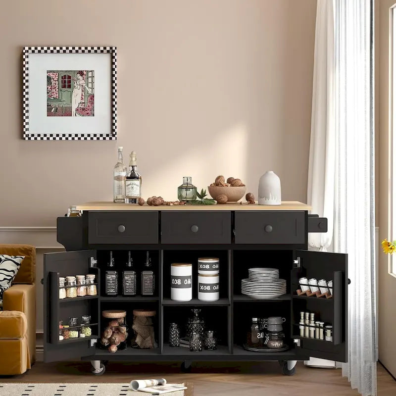 Kitchen Island Cart Drop-Leaf Rubberwood Top 5 Locking Wheels 3 Drawers Storage Cabinet