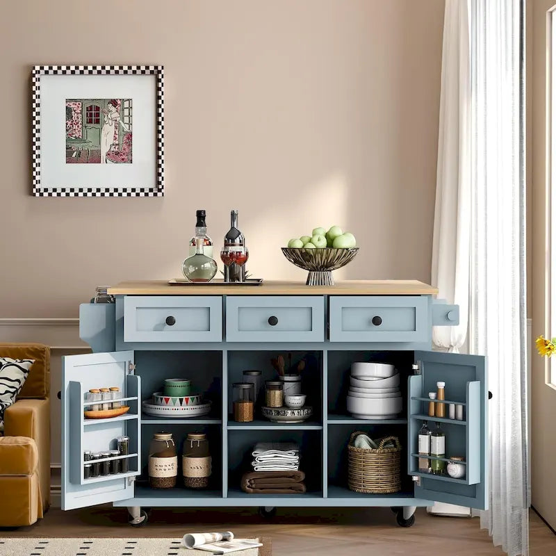 Kitchen Island Cart Drop-Leaf Rubberwood Top 5 Locking Wheels 3 Drawers Storage Cabinet
