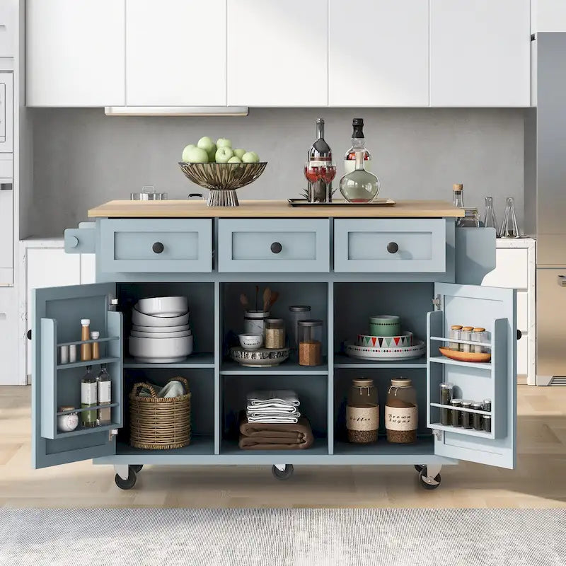 Kitchen Island Cart Drop-Leaf Rubberwood Top 5 Locking Wheels 3 Drawers Storage Cabinet