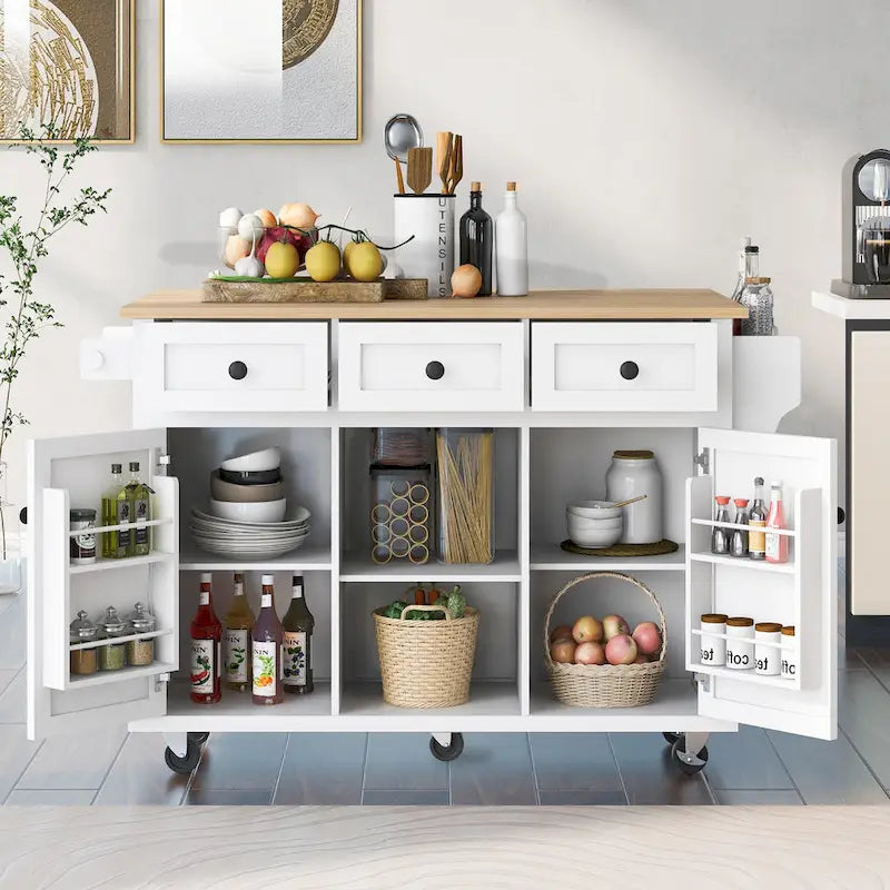 Kitchen Island Cart Drop-Leaf Rubberwood Top 5 Locking Wheels 3 Drawers Storage Cabinet