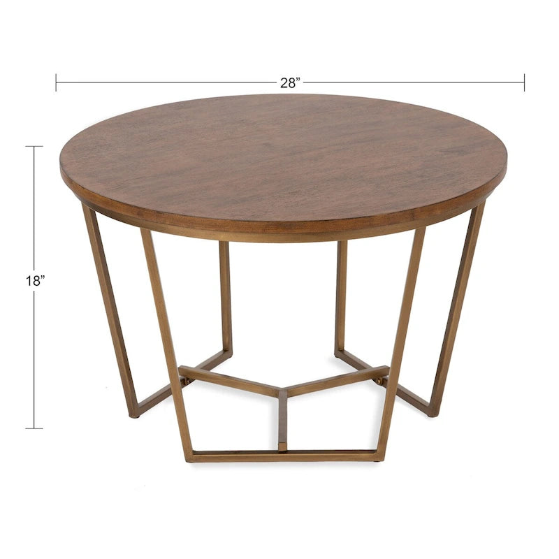 Table basse ronde en bois style mi-siècle, structure géométrique en métal doré, noyer et blanc