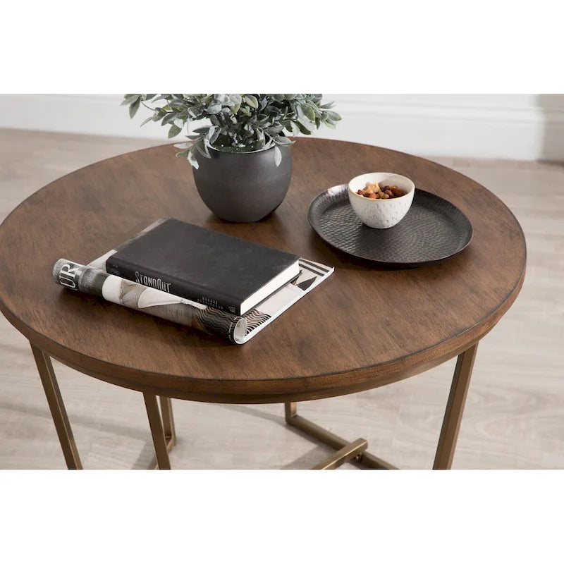 Table basse ronde en bois style mi-siècle, structure géométrique en métal doré, noyer et blanc