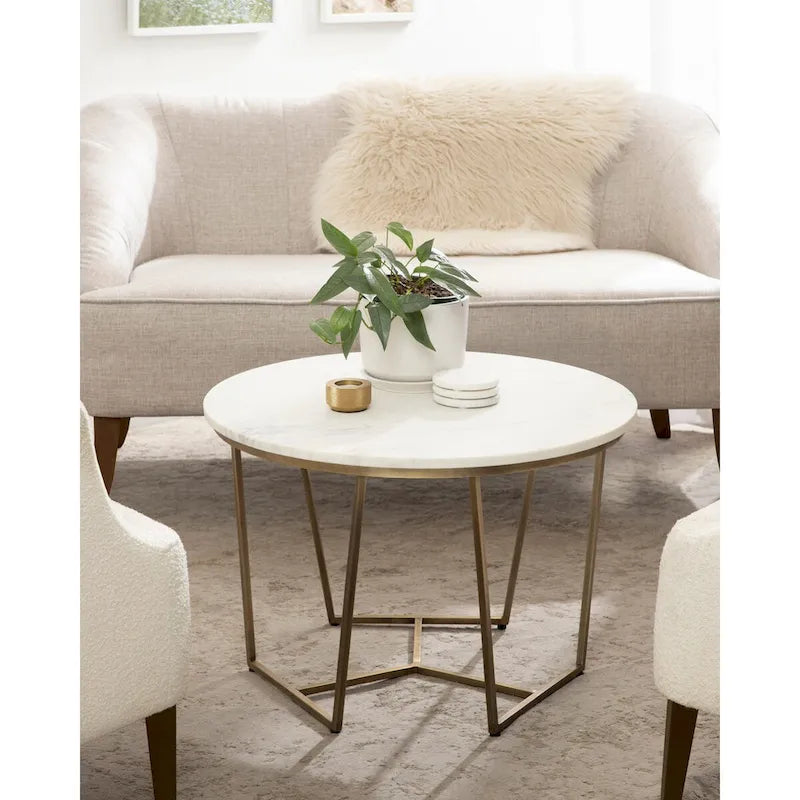 Mid-Century Round Wood Coffee Table Geometric Gold Metal Frame Walnut White