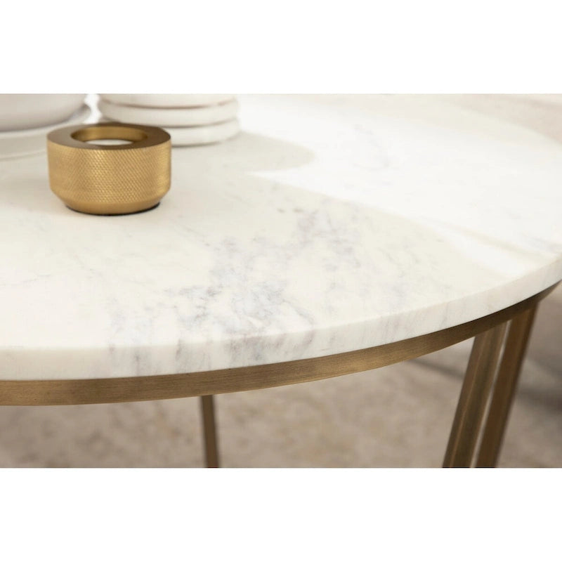 Table basse ronde en bois style mi-siècle, structure géométrique en métal doré, noyer et blanc