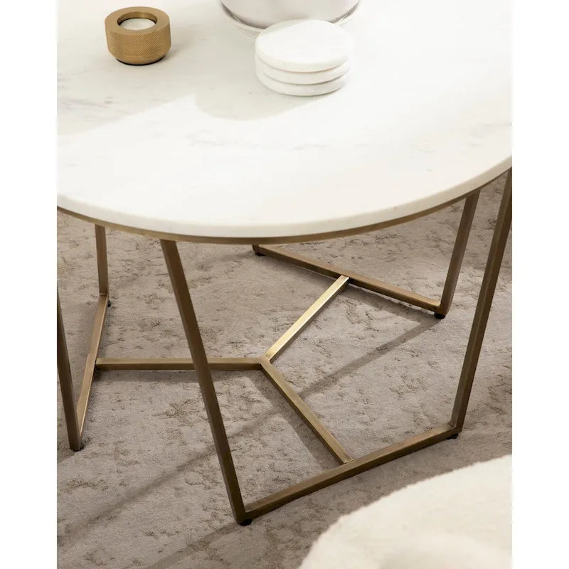 Table basse ronde en bois style mi-siècle, structure géométrique en métal doré, noyer et blanc