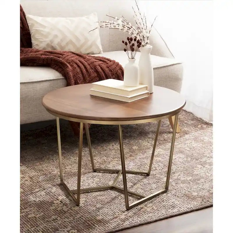Table basse ronde en bois style mi-siècle, structure géométrique en métal doré, noyer et blanc