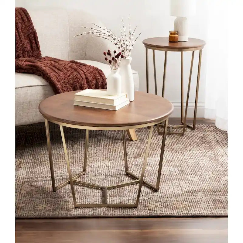 Table basse ronde en bois style mi-siècle, structure géométrique en métal doré, noyer et blanc