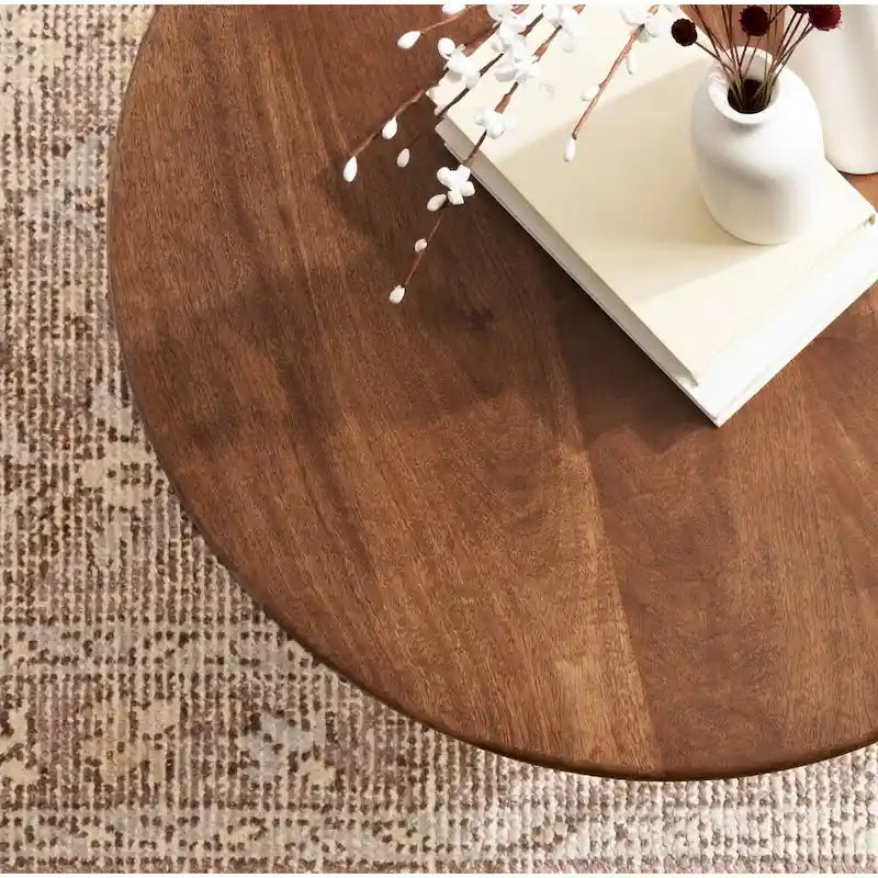 Table basse ronde en bois style mi-siècle, structure géométrique en métal doré, noyer et blanc