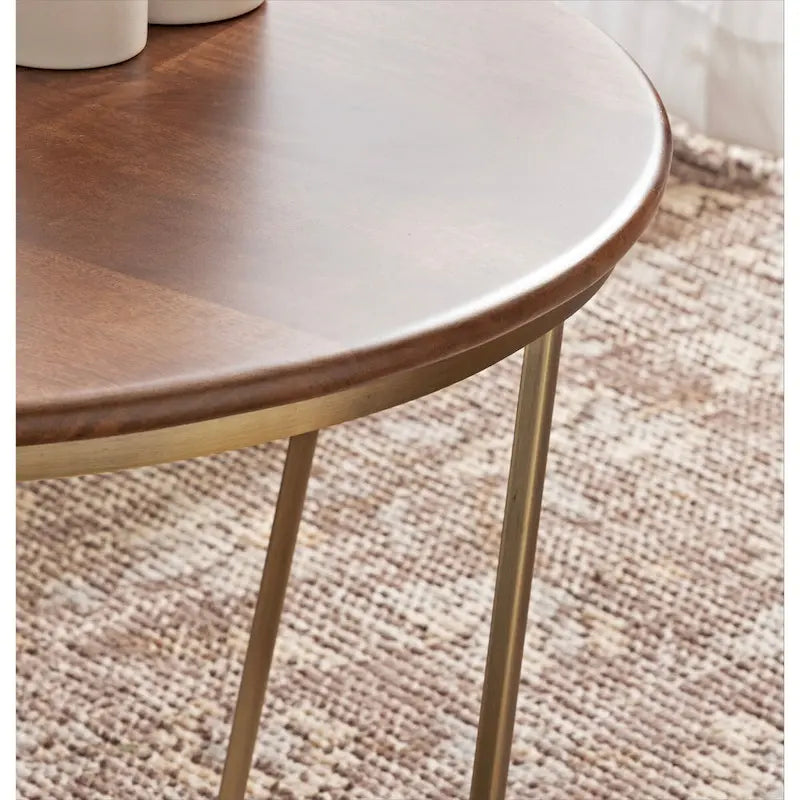 Table basse ronde en bois style mi-siècle, structure géométrique en métal doré, noyer et blanc