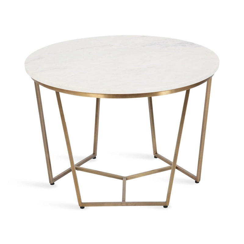Table basse ronde en bois style mi-siècle, structure géométrique en métal doré, noyer et blanc