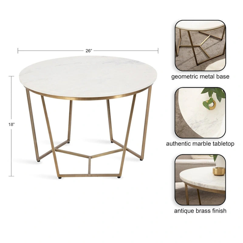 Table basse ronde en bois style mi-siècle, structure géométrique en métal doré, noyer et blanc