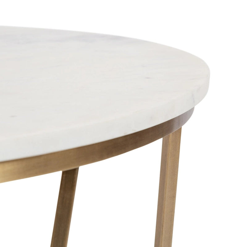 Table basse ronde en bois style mi-siècle, structure géométrique en métal doré, noyer et blanc
