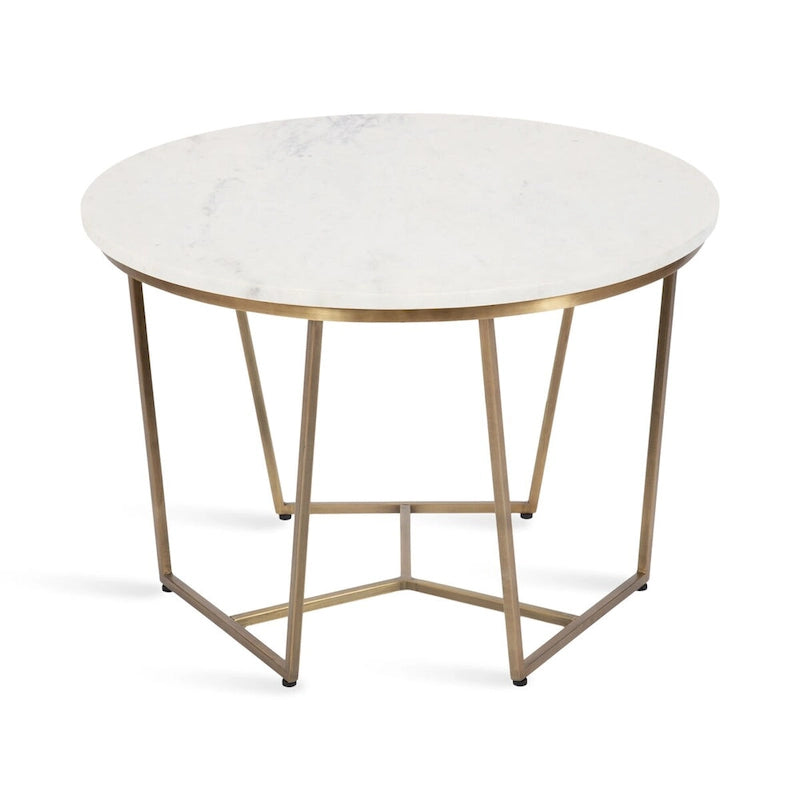 Table basse ronde en bois style mi-siècle, structure géométrique en métal doré, noyer et blanc