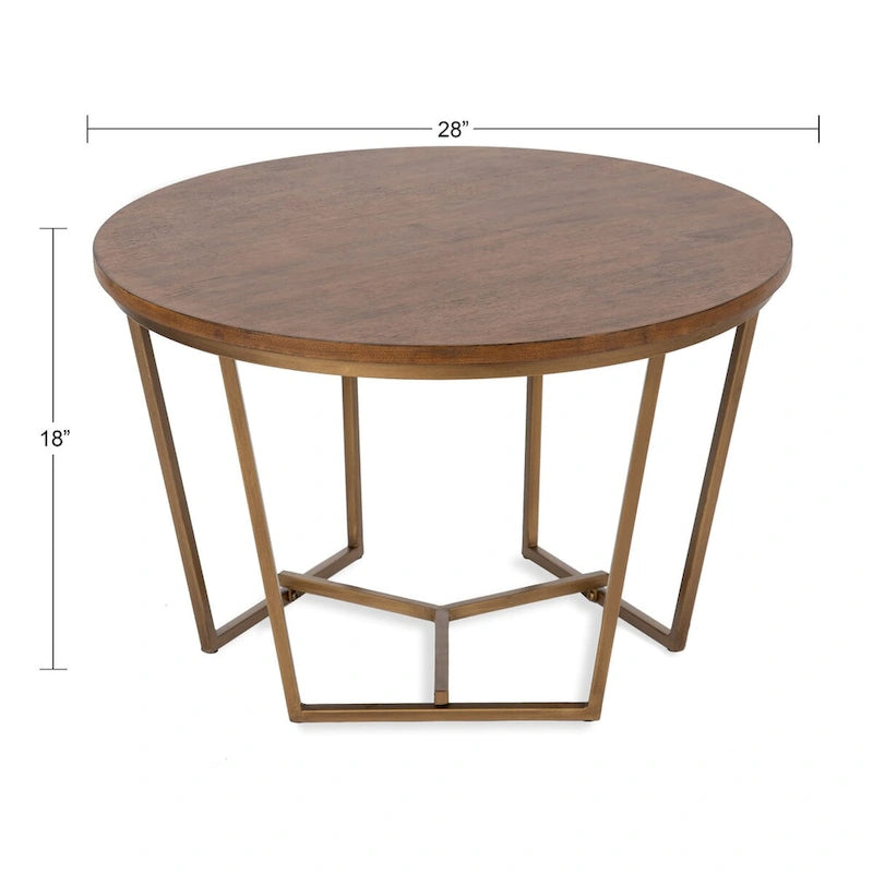 Table basse ronde en bois style mi-siècle, structure géométrique en métal doré, noyer et blanc