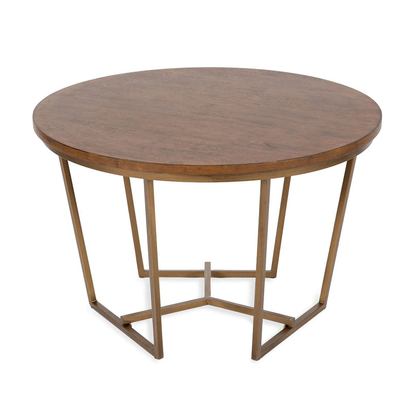 Table basse ronde en bois style mi-siècle, structure géométrique en métal doré, noyer et blanc