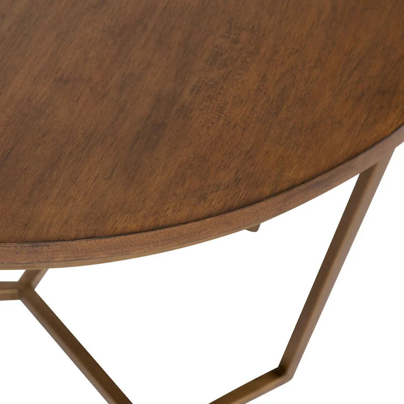 Table basse ronde en bois style mi-siècle, structure géométrique en métal doré, noyer et blanc