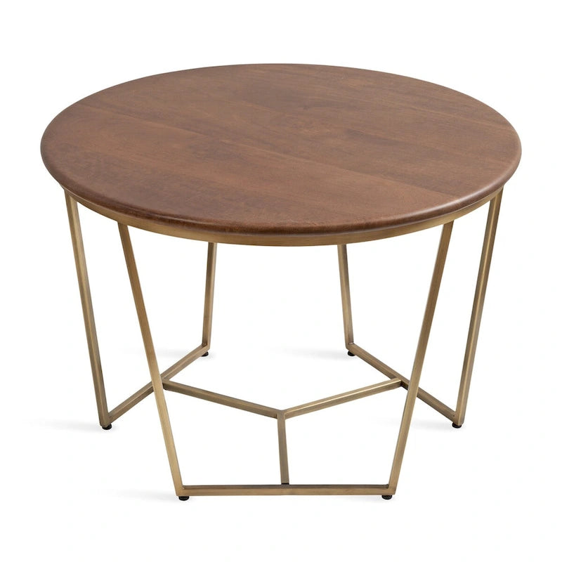 Table basse ronde en bois style mi-siècle, structure géométrique en métal doré, noyer et blanc