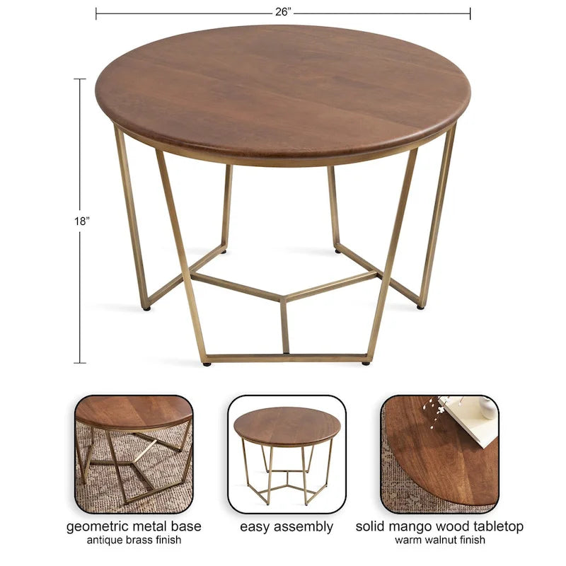 Table basse ronde en bois style mi-siècle, structure géométrique en métal doré, noyer et blanc