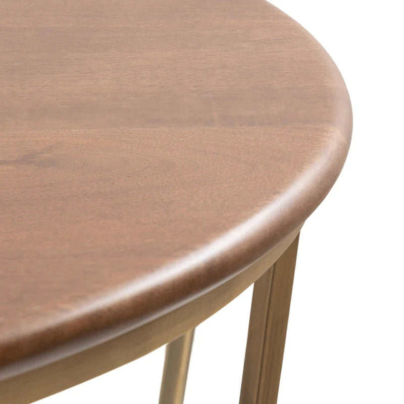 Table basse ronde en bois style mi-siècle, structure géométrique en métal doré, noyer et blanc