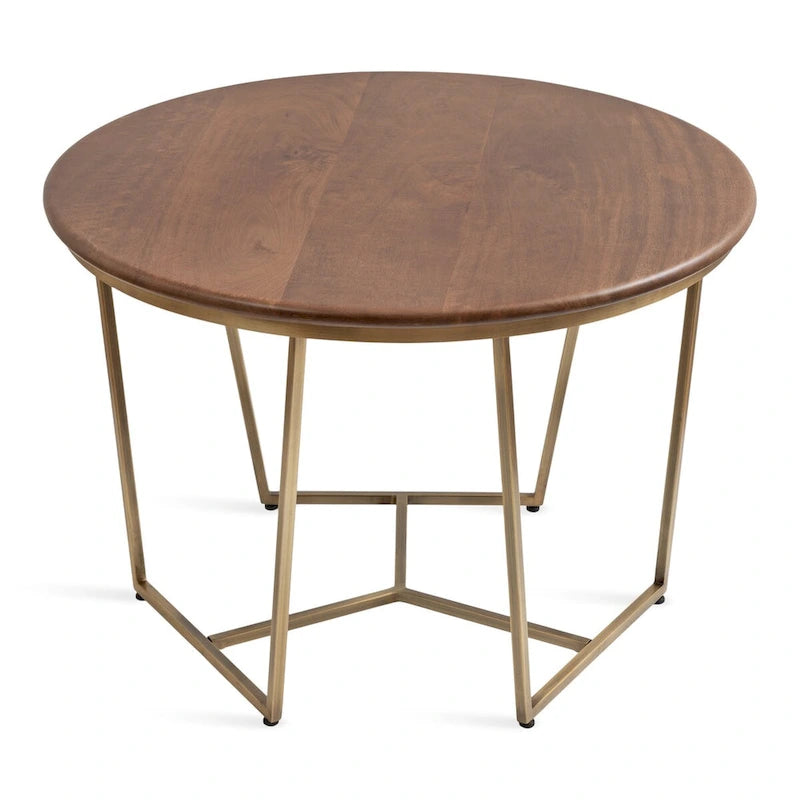 Table basse ronde en bois style mi-siècle, structure géométrique en métal doré, noyer et blanc