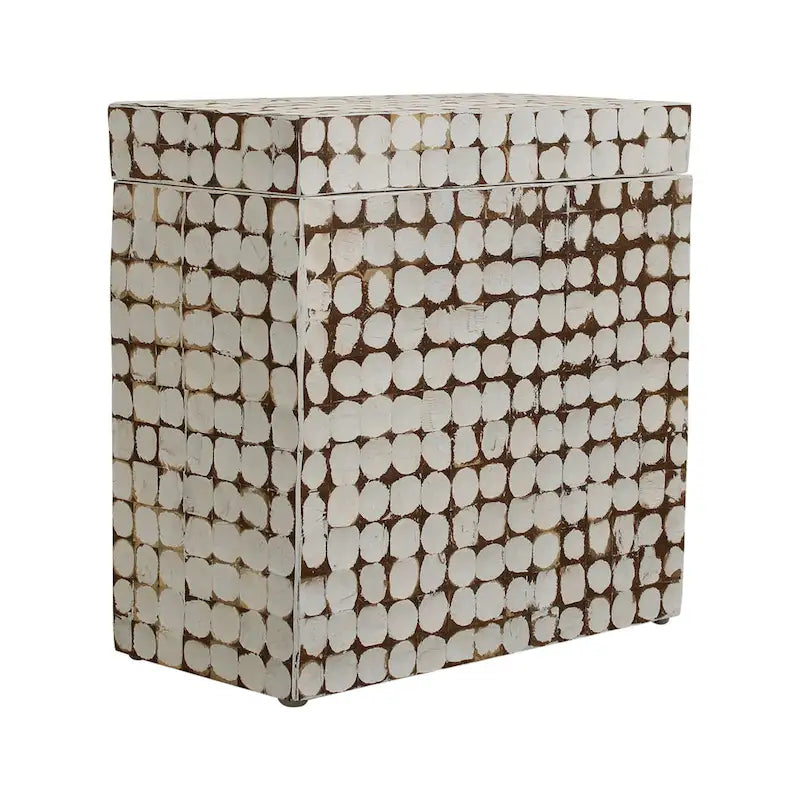 Handgefertigter Beistelltisch mit Mosaik aus Kokosnussschalen, Used-Look-Oberfläche, quadratisch, Weiß