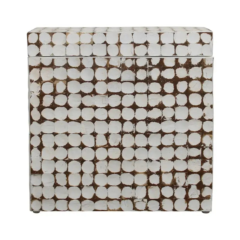 Handgefertigter Beistelltisch mit Mosaik aus Kokosnussschalen, Used-Look-Oberfläche, quadratisch, Weiß